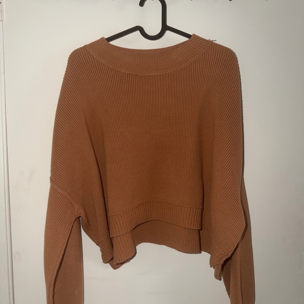 Free People Cropped Crewneck Sweater in Caramel Brown